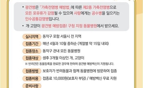 만 원으로 반려동물 지켜요! 동작구, 광견병 예방접종 지원