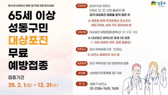 성동구, 65세 이상 어르신 대상포진 무료 예방접종 지원