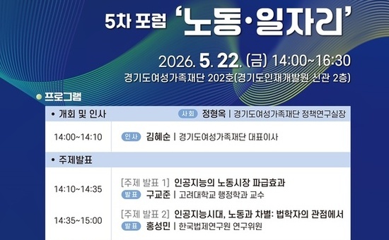 경기도여성가족재단, 22일 ‘인공지능(AI)과 노동·일자리’ 포럼 개최