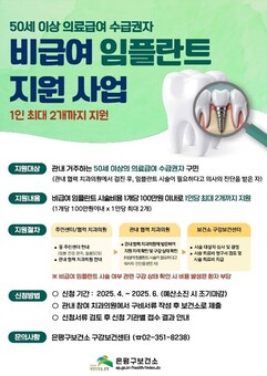 은평구, 비급여 임플란트 저소득층에 최대 2개까지 지원
