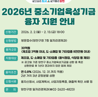 양천구, 중소기업·소상공인에 상반기 30억 원 융자…연 0.8% 초저금리